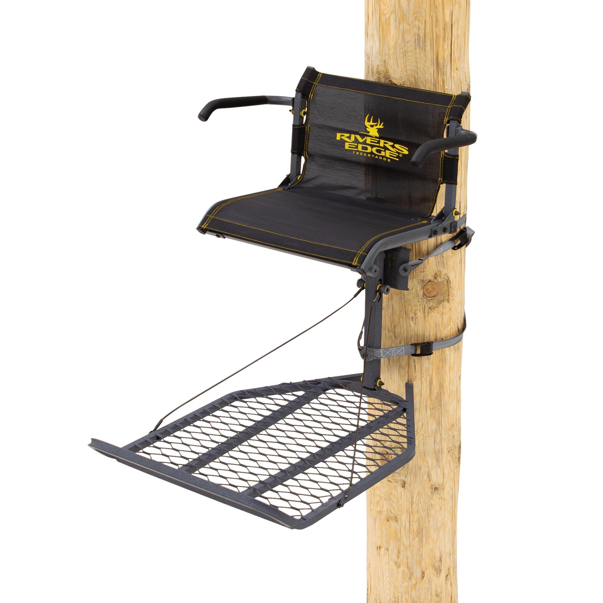 Rivers Edge Lounger Lever-Action Hang-On Treestand — 24in. x 36in. Platform, Flip-Up TearTuff Mesh Seat, Vinyl Dipped Armrests, Easy to Hang, RE521, Model# RE521